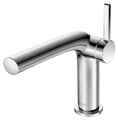 Verchromter Wasserhahn von Keuco mit einem langen, schlanken Auslauf und einem seitlichen Hebel zur Wasserregulierung.